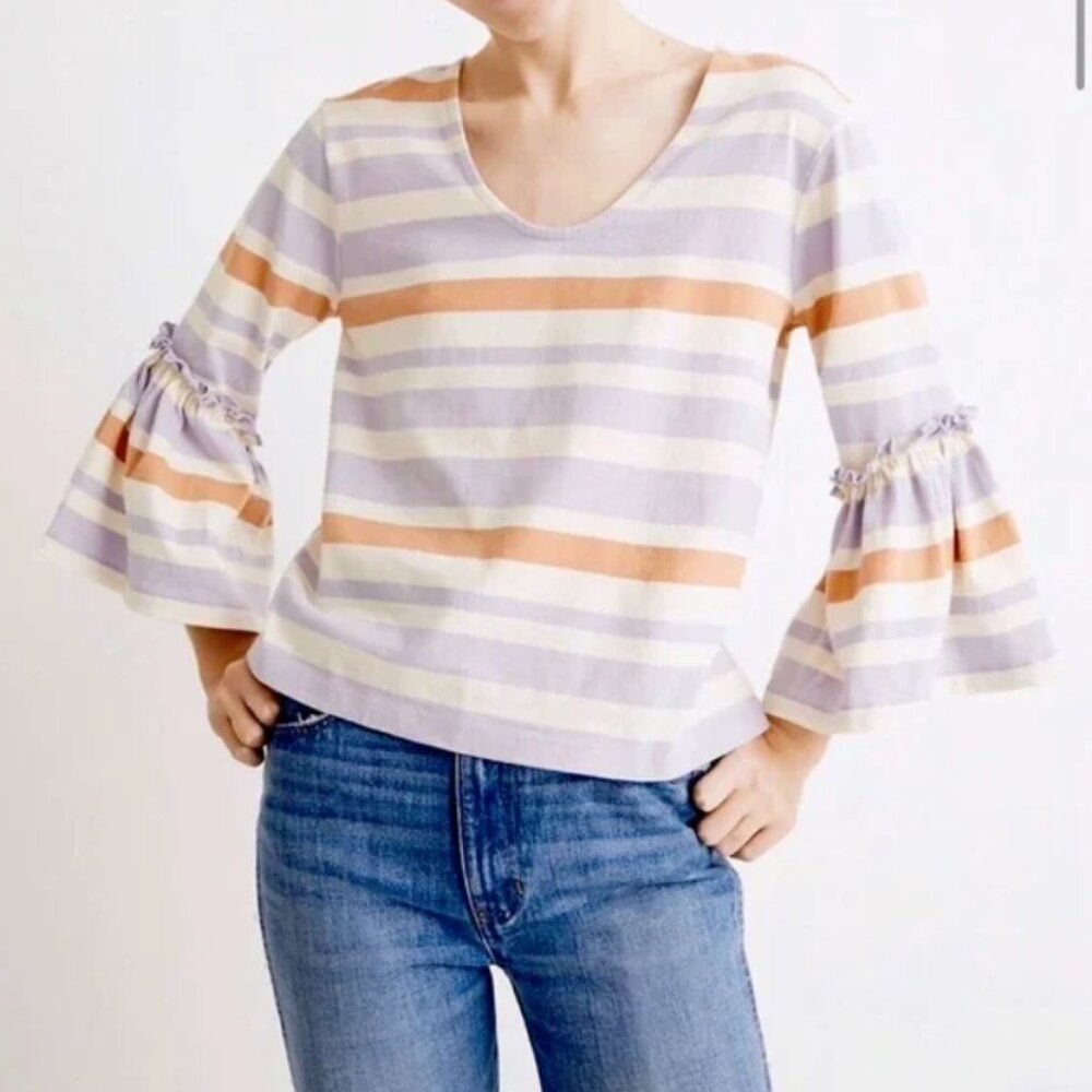 Madewell Fairhaven Striped Ruffle Bell Sleeve Crop Top Cotton Blouse Size Large